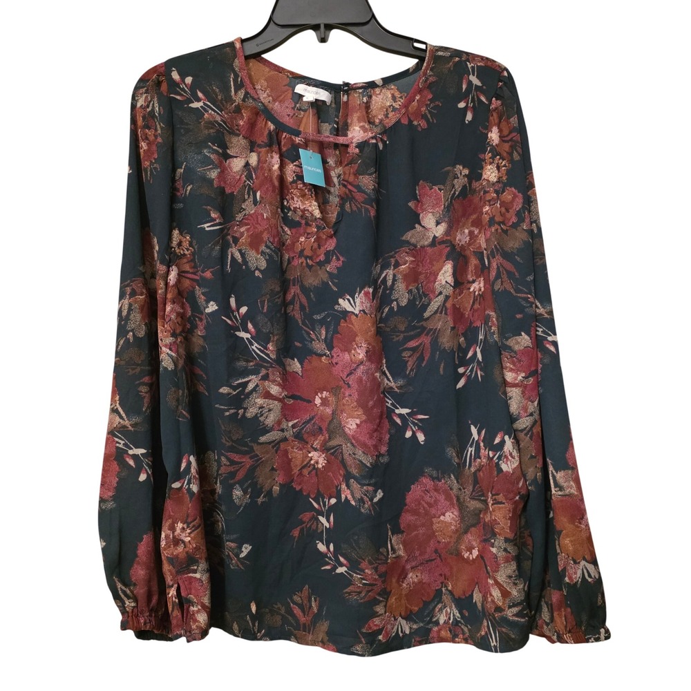 Maurices Womens Large Floral Long Sleeve Keyhole Neck Blouse Dark Green Burgundy